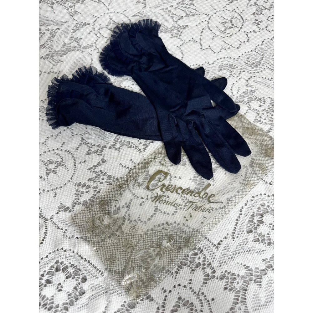 Vintage Crescendo Sheer Navy Gloves Ruffle Sz 7 w Bag 11" Length Formal